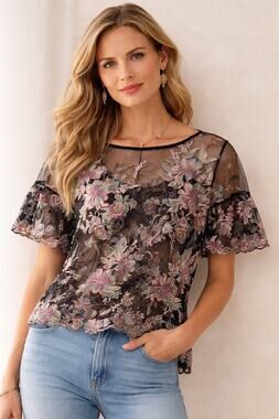 Sundance Celeste Sheer Embroidered Mesh Blouse – Beaded Floral Top Size L